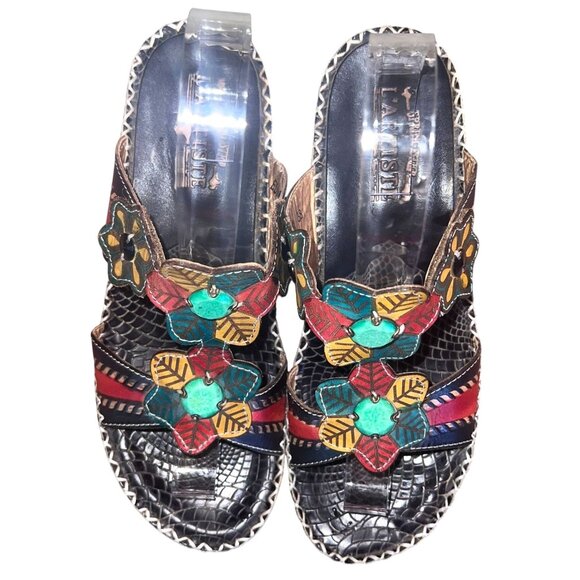 L'Artiste Leather Wedge Sandals Floral w/Beads BLK MLTI Womens Size 38 (US 8) - Picture 1 of 12
